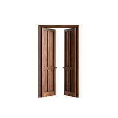 A beautifully crafted wooden double doors opens, inviting to a welcoming space, framed by an elegant wood casing and detailed construction. Revealing an interior perspective.