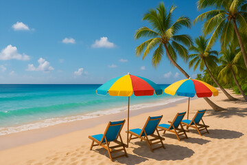Beach Chairs under the bright umbrellas on a Beach with Palm Trees
