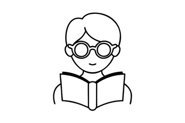 Young person reading book wearing glasses simple line art illustration