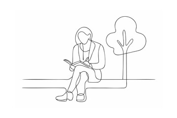 Woman reading book under tree single line drawing minimalist illustration