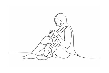 Woman sitting knitting cozy scarf winter line art minimalist