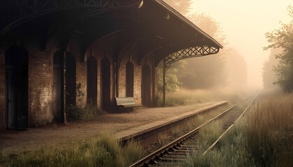 An old, abandoned railway platform with rusty rails, overgrown with grass, immersed in thick morning fog.