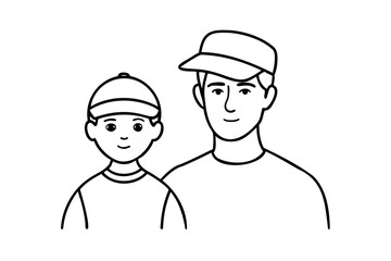 Father and son wearing baseball caps line art illustration
