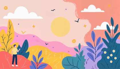 Fototapeta premium Abstract landscape with a person enjoying nature under the sun 