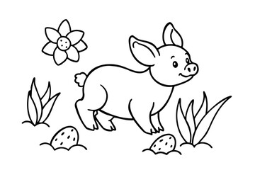 Adorable piglet in a flowery meadow coloring page