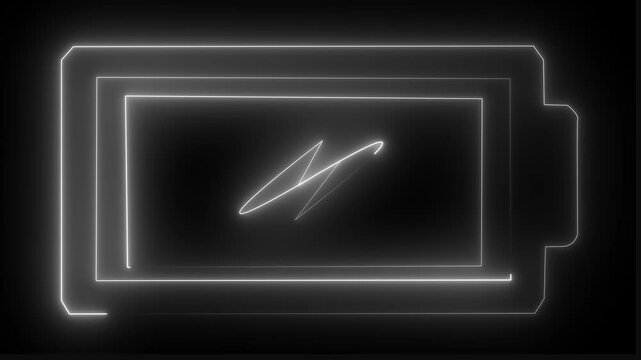 Neon Battery Line Icon . Digital battery hologram on future letch background. Innovations and efficiency of power supply evolution. Futuristic battery icon in world of technological progress and animi