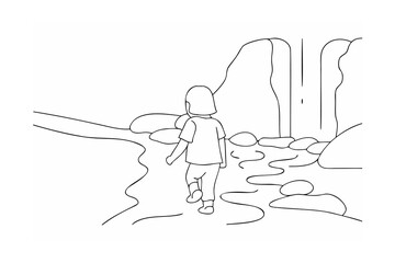 Child walking towards waterfall scenic nature landscape