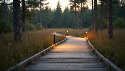 Obraz premium Raised wooden boardwalk meanders through tall grass forest. Bollard lights illuminate path. Serene landscape with trees. Pathway leads into distance creating inviting peaceful mood.