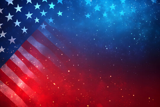 Blue and red background with stars, red banner USA flag design for political campaign poster or advertising template, copy space