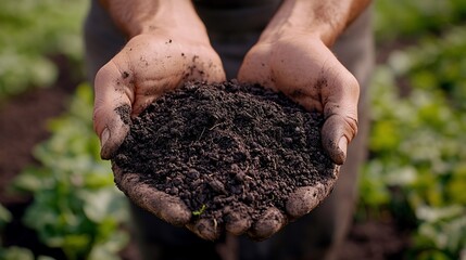 Farmer's hands holding rich dark soil, a symbol of growth and agriculture