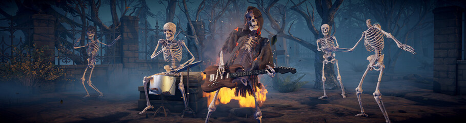 Halloween party: creepy skeleton band playing rock. Scary skeleton in burning robe playing guitar.
