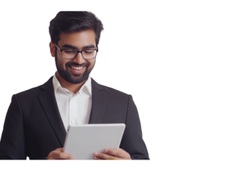 Smiling Businessman using Tablet: A cheerful businessman in a suit smiles while looking at his tablet. He projects confidence and success. 