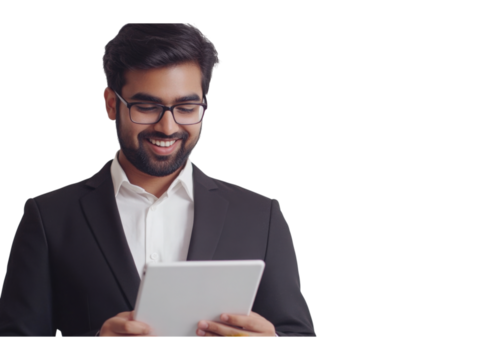 Smiling Businessman using Tablet: A cheerful businessman in a suit smiles while looking at his tablet. He projects confidence and success.  - Powered by Adobe
