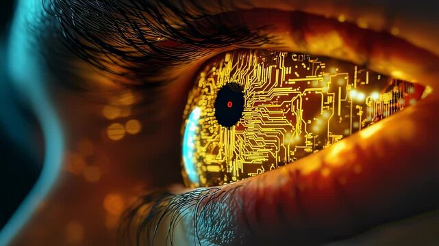 Close-up of a futuristic eye with glowing circuit patterns