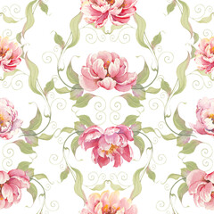 Vintage Baroque Victorian floral ornament. Seamless pattern with watercolor peony flowers.