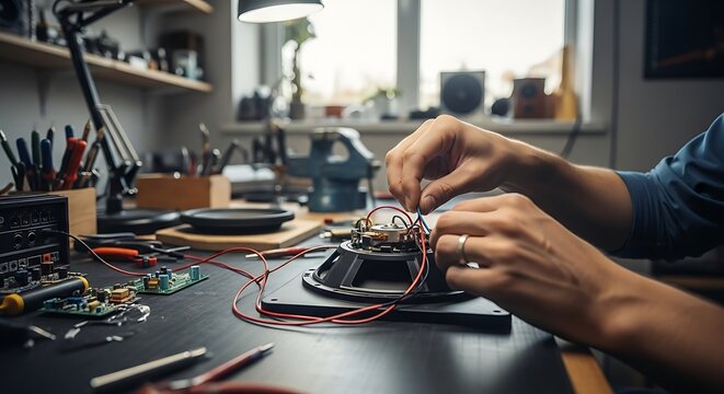 Assembling Loudspeaker Speaker with Electrical Wires on Table