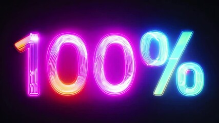 A neon sign with the number 100% illuminated against a black background. The vibrant colors create a striking visual, making the sign stand out. 
