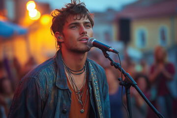 Jeune chanteur sur scène lors d’un concert d’été en extérieur, ambiance musicale festive et lumineuse, foule en arrière-plan, expression intense et éclairages de spectacle