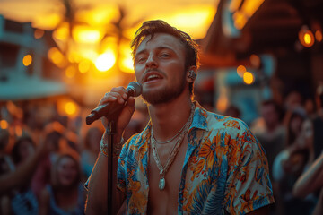 Jeune chanteur sur scène lors d’un concert d’été en extérieur, ambiance musicale festive et lumineuse, foule en arrière-plan, expression intense et éclairages de spectacle