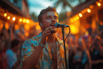 Jeune chanteur sur scène lors d’un concert d’été en extérieur, ambiance musicale festive et lumineuse, foule en arrière-plan, expression intense et éclairages de spectacle