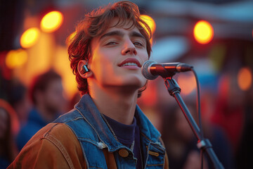 Jeune chanteur sur scène lors d’un concert d’été en extérieur, ambiance musicale festive et lumineuse, foule en arrière-plan, expression intense et éclairages de spectacle