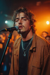Jeune chanteur sur scène lors d’un concert d’été en extérieur, ambiance musicale festive et lumineuse, foule en arrière-plan, expression intense et éclairages de spectacle