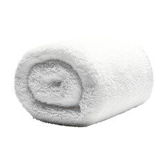 A fluffy white towel, rolled neatly, ready for use. Its soft texture is implied by the way the fibers are shown.
