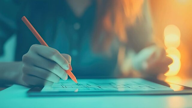 Architect drawing blueprints on a tablet with a stylus in warm, cinematic lighting
