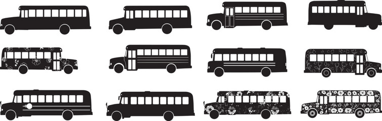 School bus clip art collection: black silhouette school bus graphics and vector bus illustrations design set © DesignVirtuoso