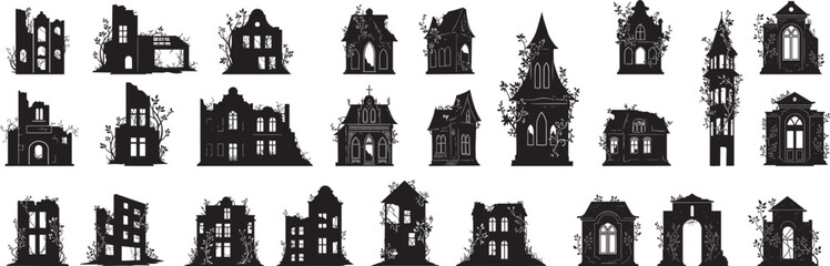 Fototapeta premium Illustration of ruined buildings set for game design and architecture concept in black and white style