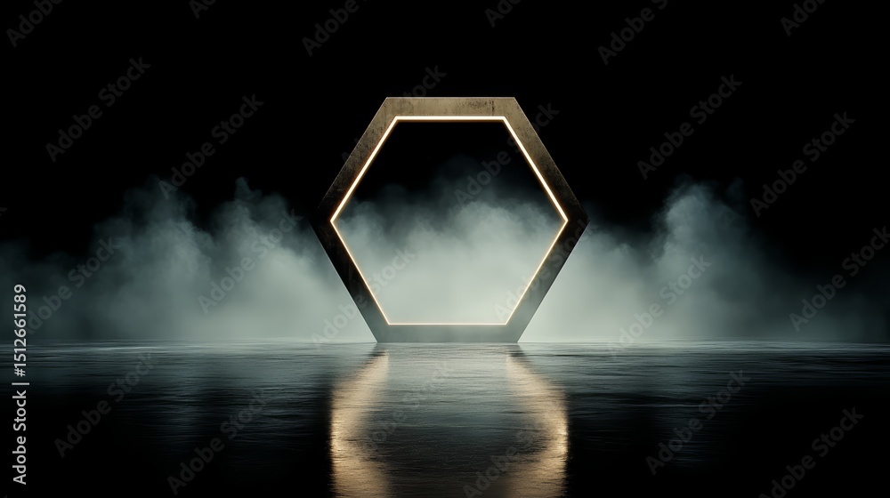 Poster large hexagon is lit up in the dark with smoke surrounding it. the smoke creates a mysterious and ee