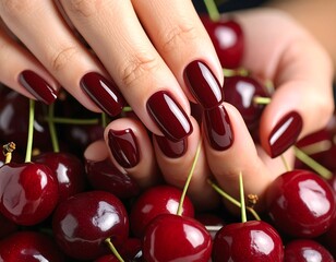 Hands with burgundy nails and cherries