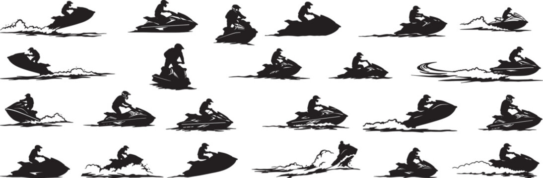Jet ski silhouette vector set, water sports, extreme, summer, sea, ocean, activity, black, white