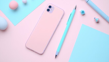 Pastel-toned smartphone, pen, and paper