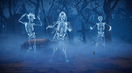 Halloween party. A ghost skeleton dance in a scary gothic cemetery. 
