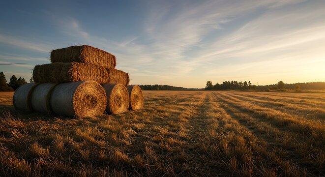 Golden Hour Hay Bales Rural Landscape Photography at Sunset, showcasing the beauty of harvested fields and the tranquility of countryside living.
