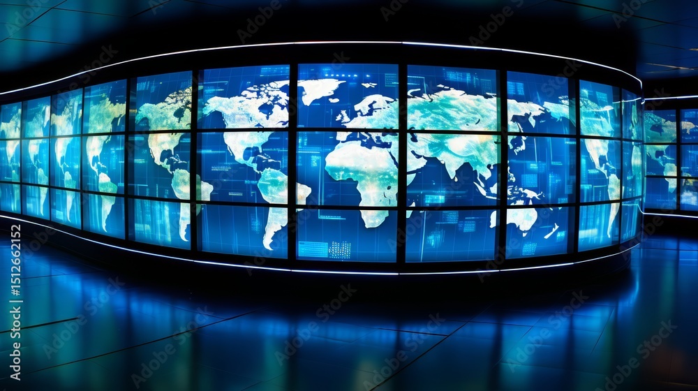 Aufkleber Large screen with a blue background and a map of the world. The map is divided into sections and each section is labeled with a different country. The screen is lit up