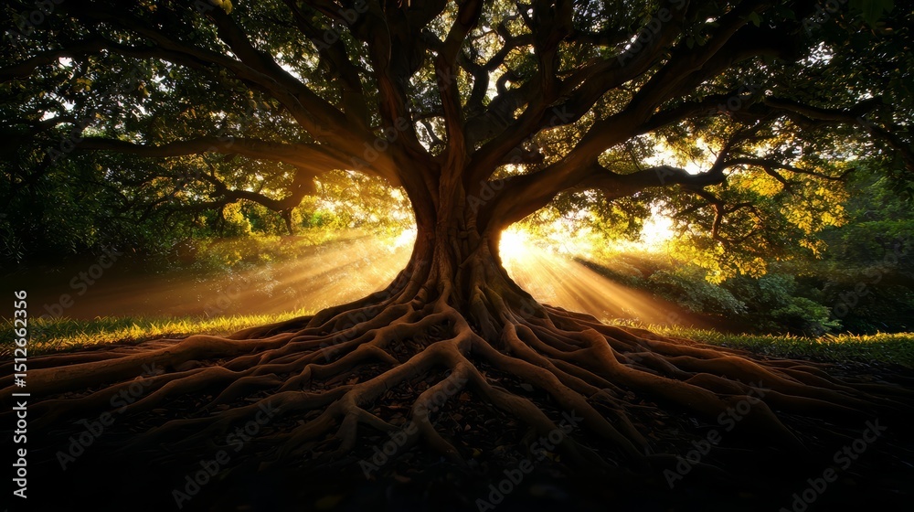Aufkleber Large tree with its roots spread out in the foreground and its trunk reaching up into the sky. The tree is surrounded by a lush green forest, and the sunlight is shining through the leaves