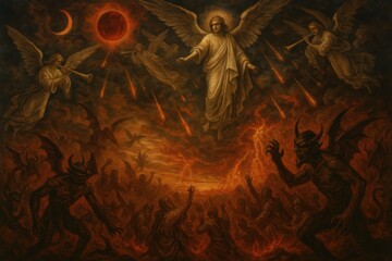 Obraz premium Apocalyptic Visions Unveiled A Surreal Fantasy Scene Inspired by the Book of Revelation Depicting Prophetic Imagery and End Times Symbolism Generative AI Artwork