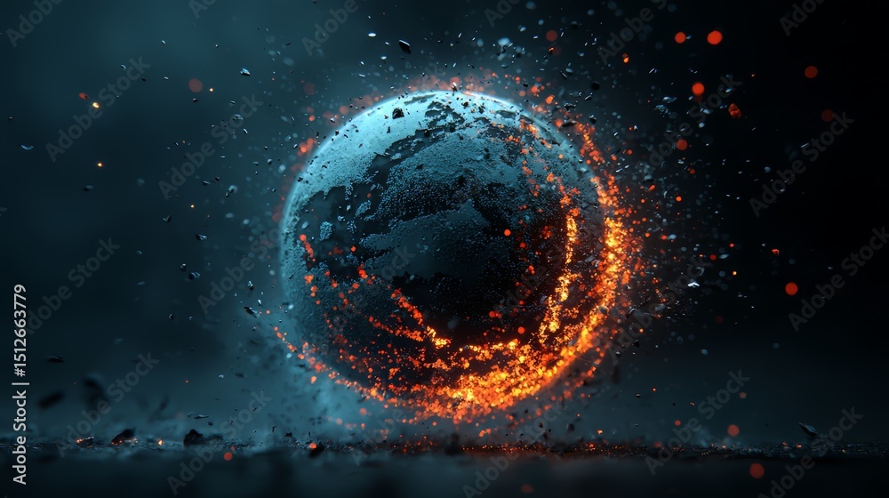 Aufkleber Large, fiery, and fragmented planet is depicted in the image. The planet appears to be in the process of exploding, with debris flying in all directions. Concept of chaos and destruction