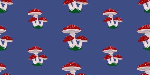 Seamless pattern red fly agaric mushrooms on a blue background, perfect for backgrounds, textiles, paper. Seamless pattern. Vector illustration.
