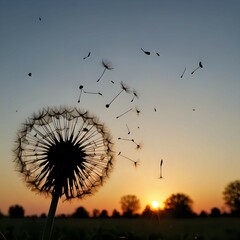 Silhouette of Dandelion Seeds Dispersing at Sunset