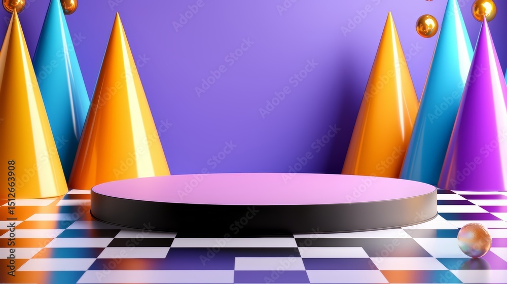 Poster large, round stage with a blue background and three orange and yellow cones. the cones are arranged 