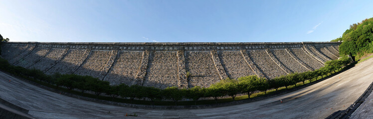 kensico dam along the bronx river greenway in valhalla new york westchester county (wide angle panorama of hydro plant reservoir park)