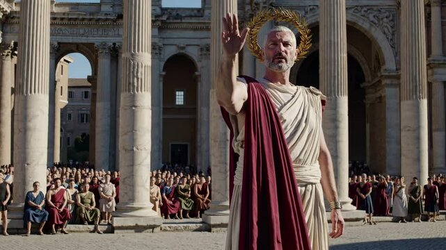 A video still shows a man in Roman attire with a halo, addressing a crowd. Shot from a low angle, emphasizing grandeur and historical drama.