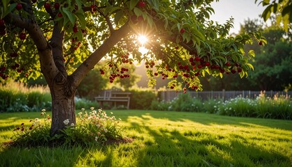Fototapeta premium A basket of freshly picked cherries placed on the grass under the tree, a few berries scattered nearby, garden background.