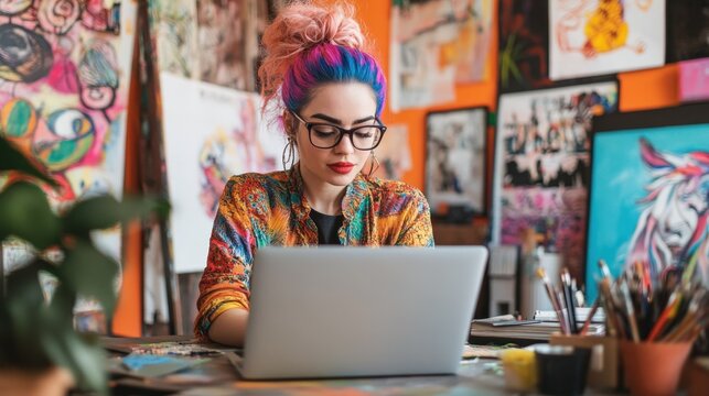 Woman with Colorful Hair Working on Laptop in Creative Studio