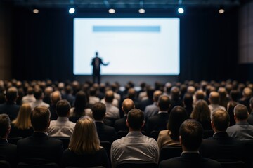 Large engaged audience listening attentively to a keynote speaker presenting on a brightly lit stage at a major corporate business conference focused on innovation and entrepreneurship.