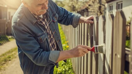An older caucasian man smiling while painting a wooden garden fence white in a village on a sunny day, maintenance concept, footage.