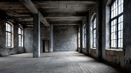 Abandoned Industrial Building Interior With Worn Concrete Walls and Windows